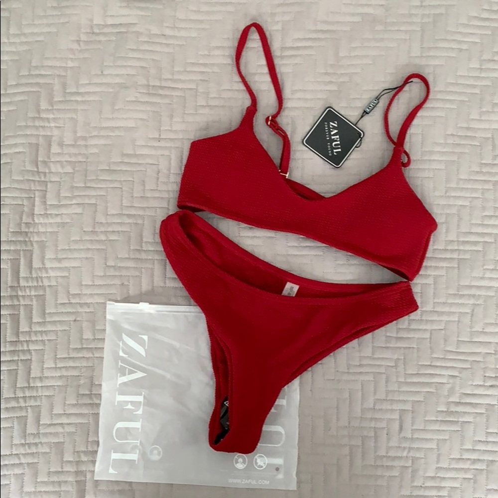ZAFUL High Cut Bralette Bikini Set- Wine Red- S